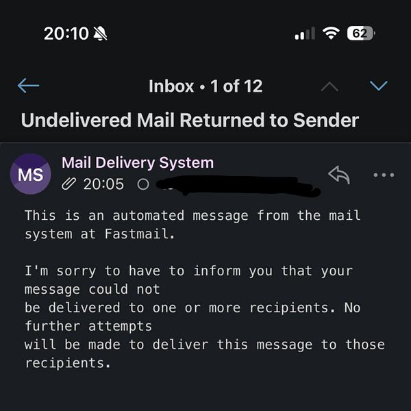 An email notification indicating that a message was undelivered.