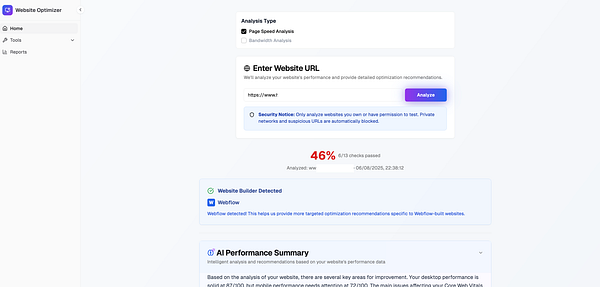 The image displays a user interface for a website optimization tool focused on page speed and bandwidth analysis.