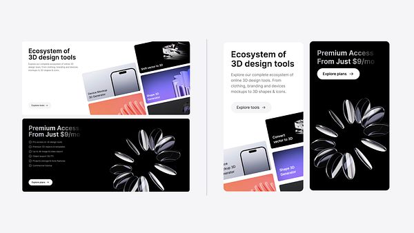 The image displays a user interface design for a 3D design tools ecosystem and premium access subscription options.