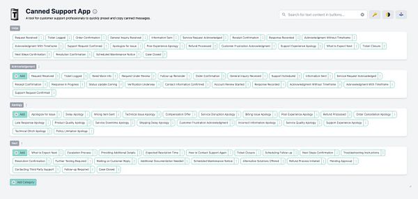 The image displays a user interface for a Canned Support App, showcasing various categories of AI-generated canned replies for customer support.