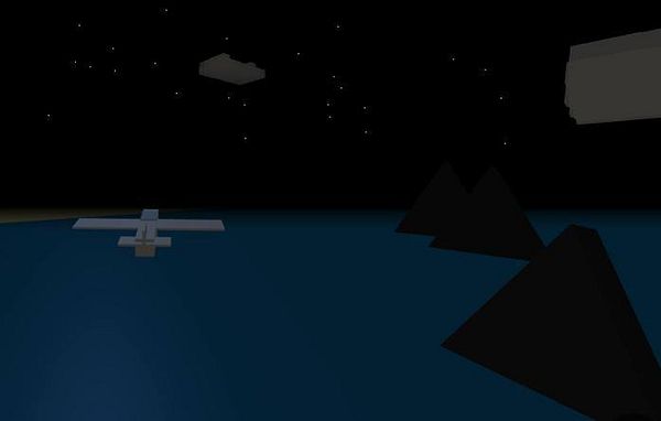 A digital landscape featuring a plane flying over a body of water with pyramids in the background.