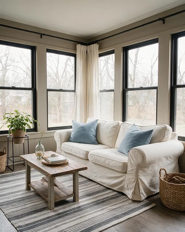 A bright farmhouse-style sunroom with large black-framed windows wrapping the corner, sheer cream curtains, and a soft white slipcovered sofa accented by pale blue pillows. A rustic wood coffee table sits on a gray striped rug, with woven baskets and a small potted plant adding warmth.