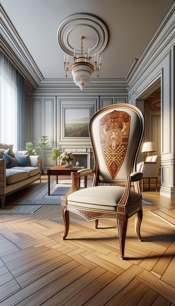 a classic Hepplewhite-style chair with a shield-shaped back, adorned with an intricate marquetry pattern, set in an elegant, contemporary living room