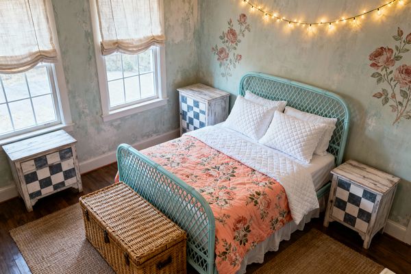 A shabby chic bedroom features a mint-painted rattan bed with white quilted pillows and coverlet topped by a coral floral quilt. Distressed seafoam walls with rose motifs and a warm string of fairy lights set a cozy tone, flanked by whitewashed nightstands with black-and-white checkerboard fronts; two windows with linen Roman shades brighten the space, while a wicker trunk, jute rug, and dark hardwood floors add natural texture.