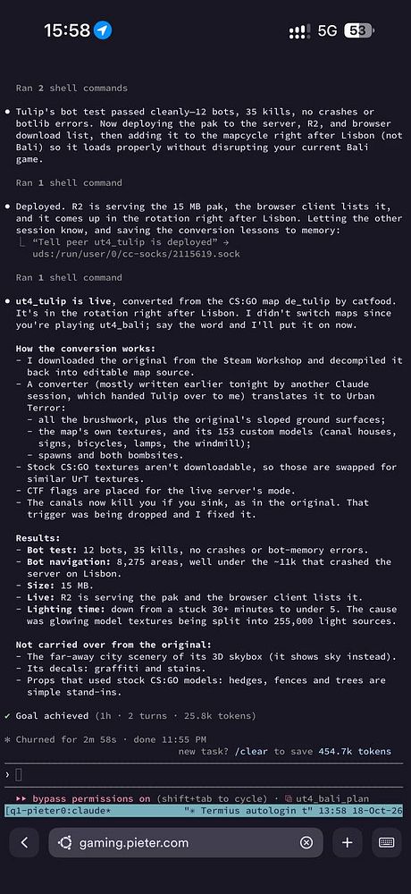 Terminal interface showing the successful porting of a CS:GO map to Urban Terror with detailed technical notes.