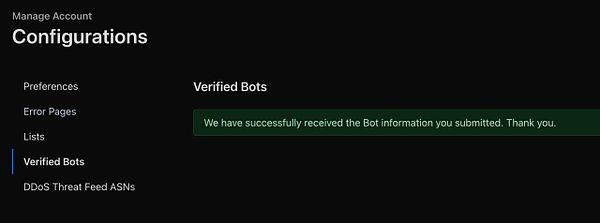 The image displays a configuration interface for managing verified bots on a Cloudflare account.