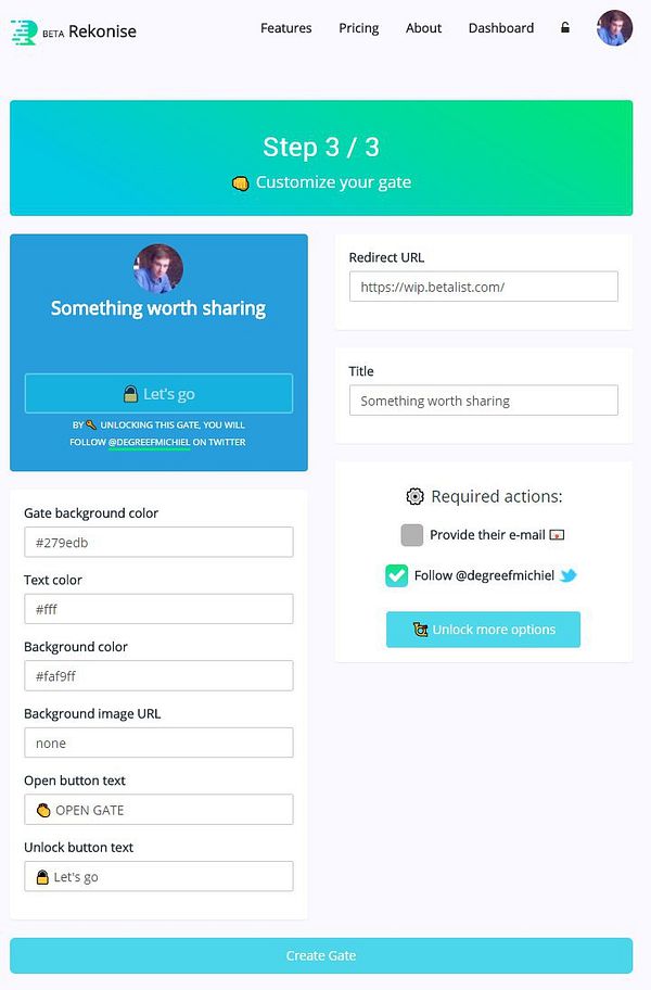 A webpage showing the customization step of a gate creation process with various input fields and settings.