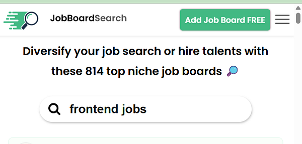 Screenshot of a web page showing a search result for SaaS job boards with a list of job board websites and filter options.