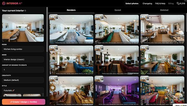 The image displays a user interface for the Interior AI application, showcasing various interior design renderings.