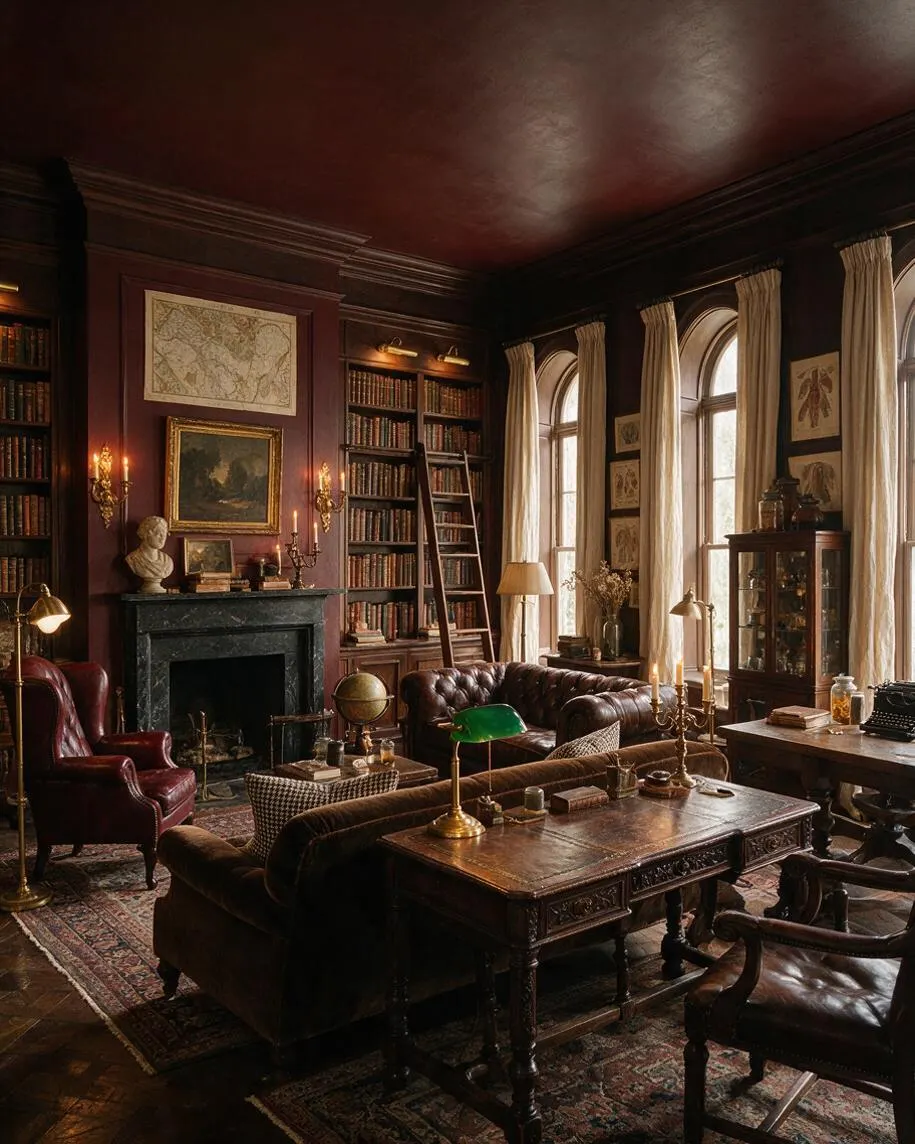 A dim, elegant sunroom styled like a library lounge, with dark burgundy walls, tall arched windows dressed in cream curtains, and floor-to-ceiling bookshelves. The room includes a black marble fireplace, leather seating, antique wood furniture, brass lamps, framed art, and patterned rugs.