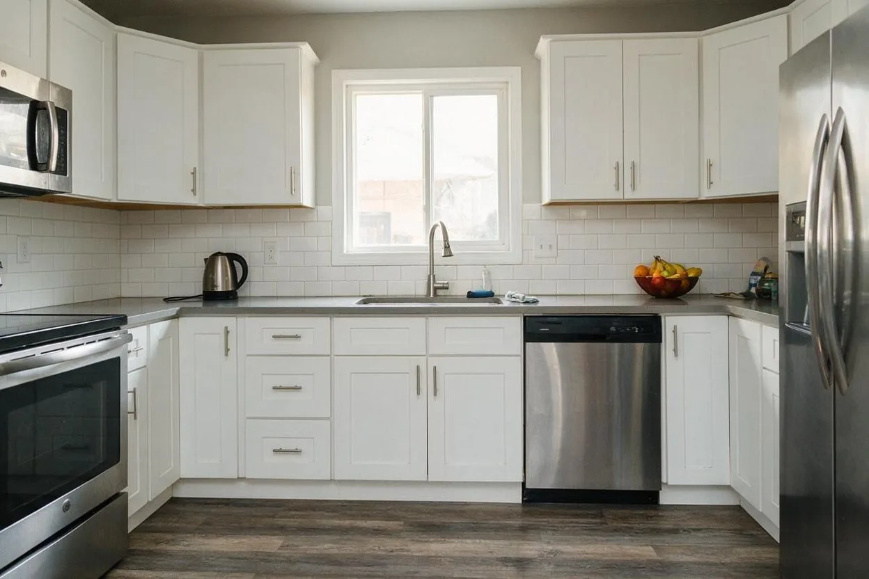 A plain modern kitchen with white cabinets, a subway-tile backsplash and a few things on the counter