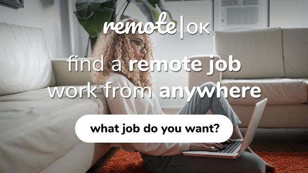 A person is sitting on a couch using a laptop, promoting remote job opportunities.