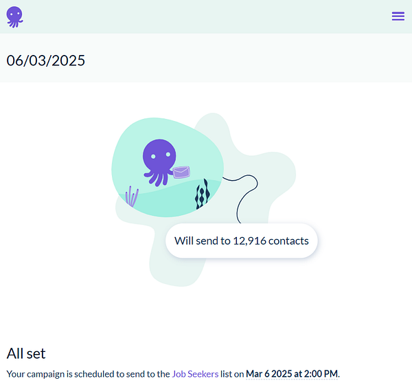 A digital interface displaying a scheduled newsletter campaign for job seekers.