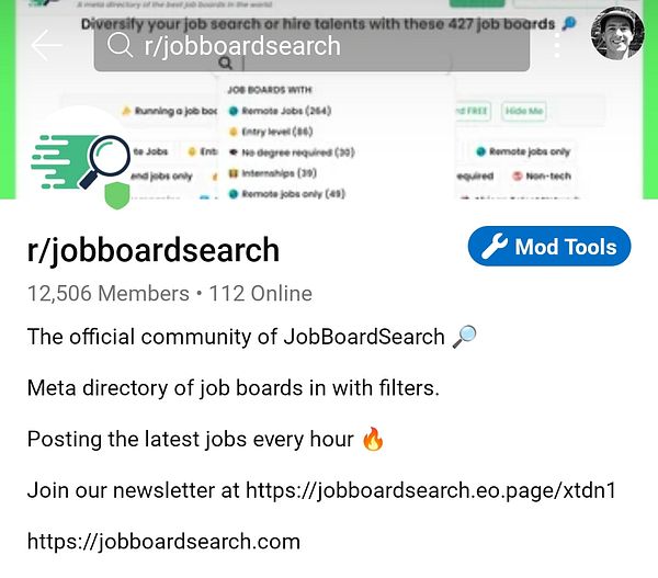 The image displays the subreddit page for r/jobboardsearch, highlighting its member count and purpose.