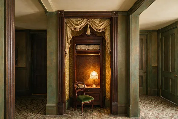 A Victorian-style closet niche with dark carved wood trim, gold tasseled drapery, patterned wallpaper, and a small lit vanity alcove. A green velvet chair sits in front of the built-in cabinet, while the surrounding hallway features olive green paneled walls and patterned tile flooring.