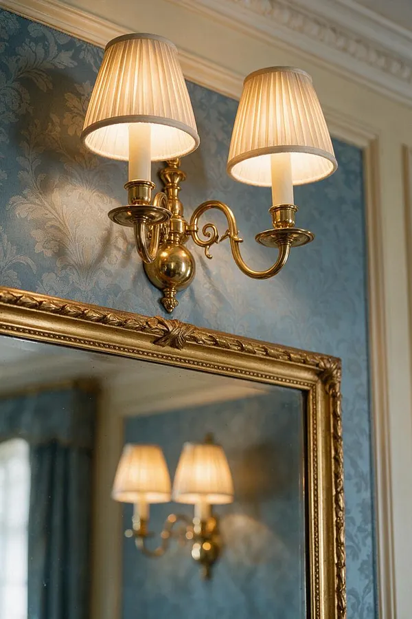 A traditional wall sconce with two curved brass arms and pleated cream shades is mounted above a gilt-framed mirror. It sits against blue floral damask wallpaper, with white crown molding and trim adding a formal, elegant finish.