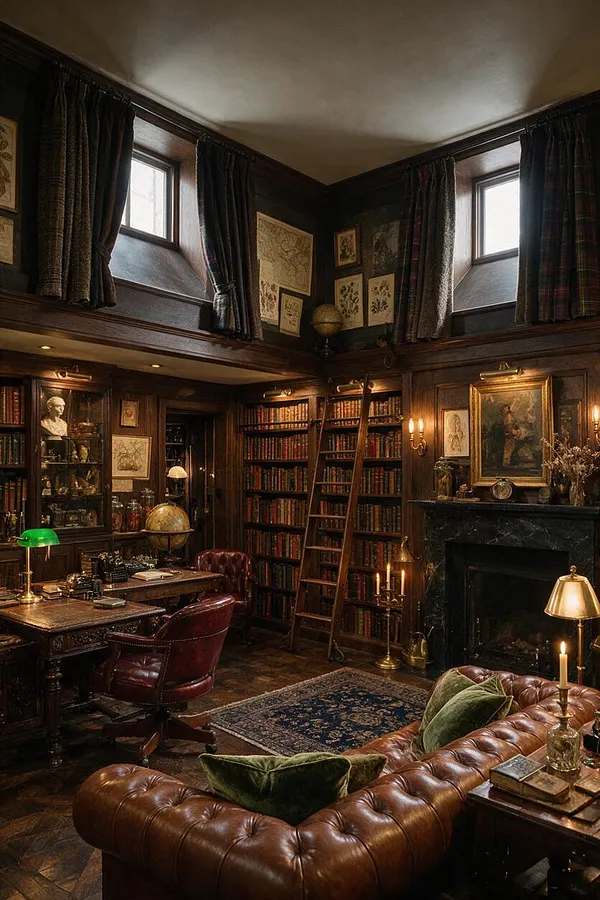 A dark academia basement library with wood-paneled walls, tall bookshelves, a rolling ladder, and a black marble fireplace. The room features leather seating, a vintage desk, plaid curtains over small windows, framed art, candles, and warm brass lighting.