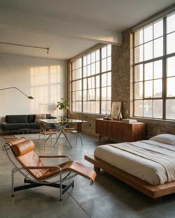 A modern studio apartment with an open-plan layout, featuring a low wooden bed with neutral bedding, a tan leather lounge chair, a glass dining table, and a dark sofa. Large industrial grid windows line the brick wall, filling the space with warm natural light and highlighting the concrete floor and minimalist furniture.