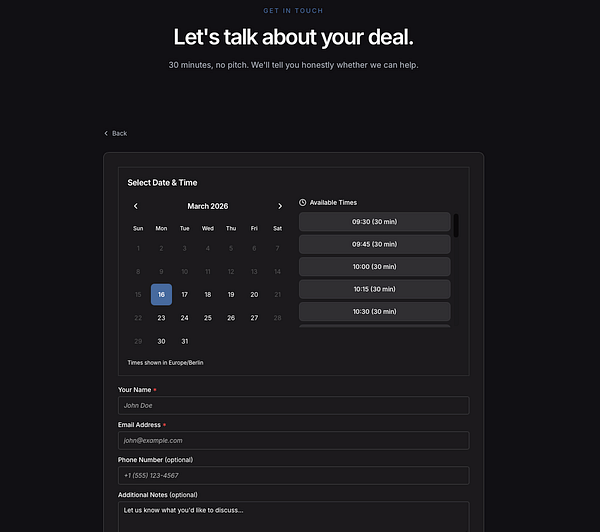 Screenshot of a web-based interface displaying a tech due diligence booking page with a customizable design and embedded booking call feature.
