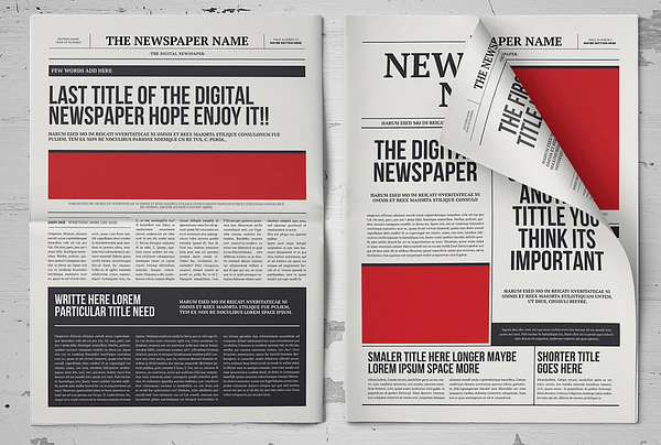 A digital newspaper layout featuring various sections and placeholders for content.