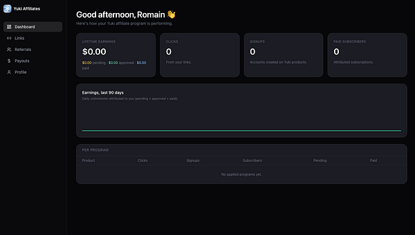 Affiliate dashboard displaying earnings, active users, and commission details with a clean and modern UI layout.