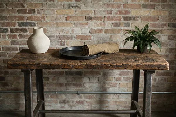 A rustic industrial table with a thick reclaimed wood top and dark metal pipe-style legs stands against an exposed brick wall. On the tabletop are a cream ceramic vase, a black tray with a rolled beige textile, and a small green fern, creating a warm, earthy vignette.