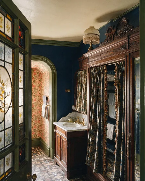 A narrow Victorian-style basement bathroom with deep blue walls, green trim, a carved wooden armoire, and a small vanity with a marble top and brass faucet. A stained glass door sits in the foreground, while floral wallpaper and patterned tile add ornate period character.