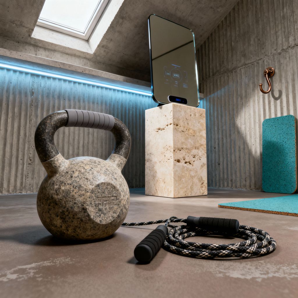 A compact modern home gym features fluted concrete walls and a polished concrete floor, lit by a skylight and a blue LED strip. In the foreground are a speckled stone kettlebell with gray grips and a coiled braided jump rope. A smart fitness mirror stands on a beige travertine pedestal, with a teal exercise mat on the floor and a matching block nearby, plus a copper wall hook, creating a minimal, tech-integrated workout space.