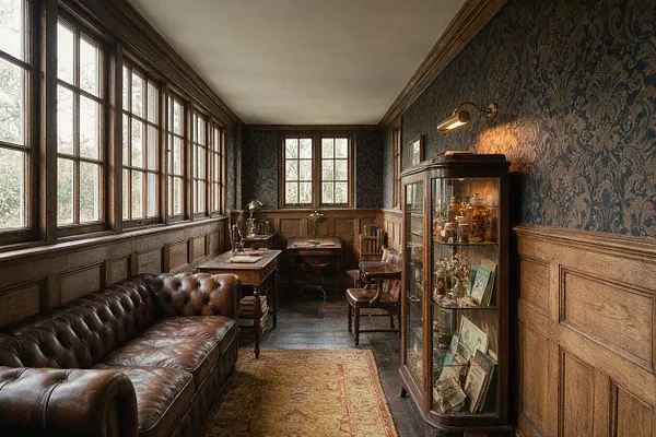 A narrow sunroom with large multi-pane windows along one side, dark wood paneling, and patterned wallpaper above the wainscoting. The room features a tufted brown leather sofa, antique wooden desks and chairs, a glass display cabinet, and warm brass lighting, creating a scholarly dark academia atmosphere.