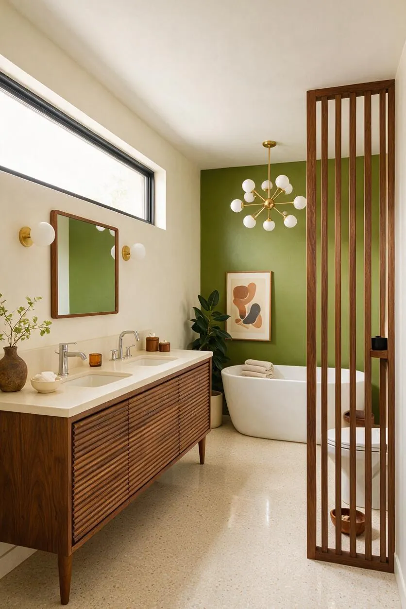 A mid-century modern master bathroom with a walnut vanity, cream countertop, and twin sinks beneath a wide horizontal window. The room features an olive green accent wall, a sculptural globe chandelier, a freestanding white tub, and a vertical wood slat screen that partially divides the toilet area.