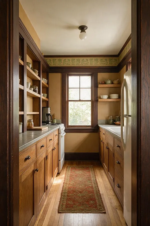 A narrow Craftsman-style kitchen with wood cabinets on both sides, open shelving, a central window, and a runner rug on the hardwood floor. The space features warm tan walls, dark wood trim, a light countertop, and a simple ceiling light.