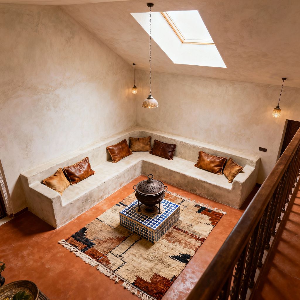 Moroccan living room with built-in L-shaped tadelakt bench lining two plaster walls, layered with camel and cognac leather pillows. A blue-and-white zellige-tiled cube table holds a pierced metal brazier on a fringed Berber wool rug over terracotta floor; three brass-and-glass pendants and a ceiling skylight bathe the sand-toned space, with a carved wood railing visible along the right.
