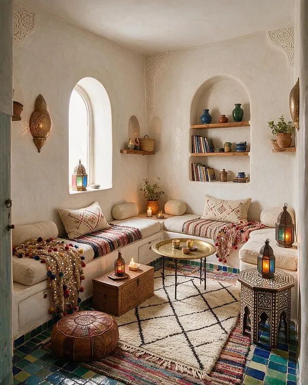 A small Moroccan-style studio apartment with white plaster walls, arched window and wall niches, built-in cream seating, colorful woven textiles, brass lanterns, patterned rugs, and blue-green tiled flooring. Shelves hold pottery, books, and plants, creating a warm layered seating area.