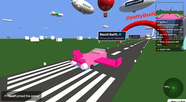 A vibrant, blocky 3D scene featuring a pink Cybertruck flying over a stylized landscape with chat messages and floating advertisements.