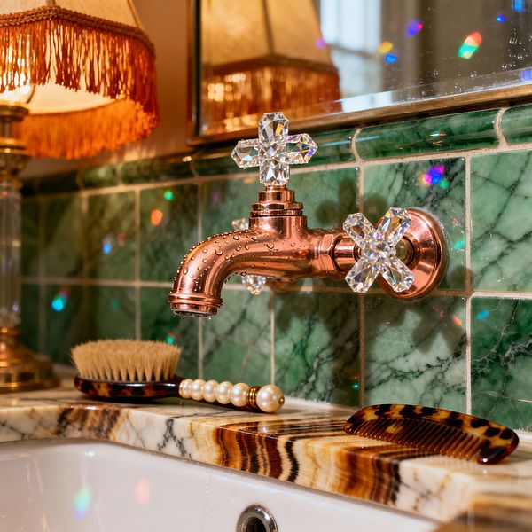 Close-up of a vintage glam bathroom shows a wall-mounted copper faucet with cross-shaped crystal knobs against square emerald green marble tiles. A banded onyx countertop surrounds a white porcelain sink, styled with a tortoiseshell comb and a natural-bristle brush with pearl accents, while a fringed lamp and metal-edged mirror cast warm light and tiny prismatic reflections across the surface.
