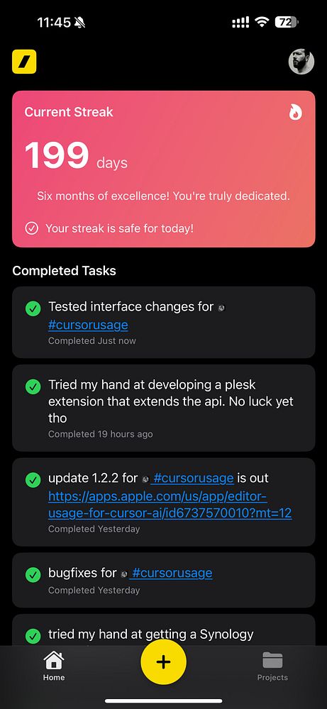 The image displays a task management interface highlighting a 199-day streak of completed tasks.