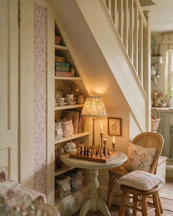 A cozy cottagecore game nook tucked beneath a staircase, featuring a small round pedestal table with a chess set, a wicker chair, and a wooden stool with a textured cushion. Built-in shelves hold teacups, baskets, books, and fabric storage bags, while a pleated table lamp and lit candles cast a warm glow against soft cream walls and floral wallpaper accents.