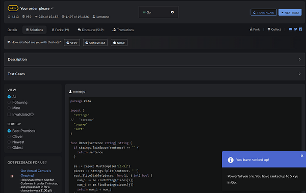 Codewars Kata page showing a 6kyu Go language challenge with user solution code and rank-up notification to 5kyu.