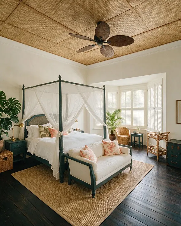 A tropical master bedroom with a dark teal canopy bed draped in sheer white fabric, set on a woven jute rug over dark wood floors. The room features white walls, shuttered bay windows, a rattan chair, wicker accents, potted plants, and a ceiling covered in natural woven panels with a palm-inspired fan.