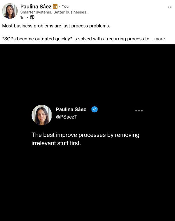 Social media posts by Paulina Sáez about business process improvement and SOPs.
