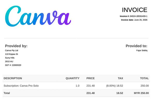 An invoice with detailed charge information from Canva Pro for subscription renewal.