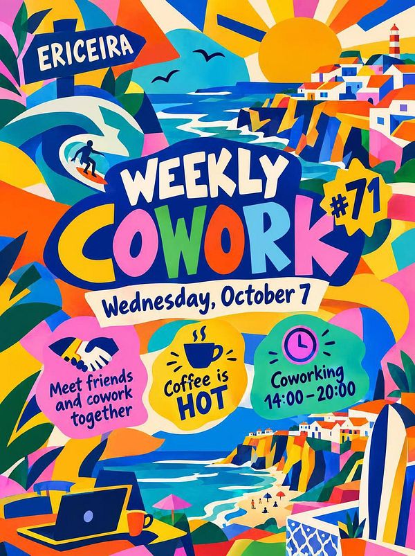 Colorful illustrated poster for the 71st weekly coworking event in Ericeira on Wednesday, October 7.
