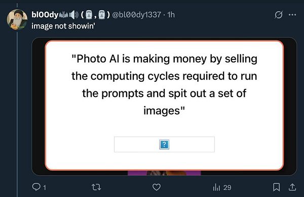 A screenshot of a tweet discussing Photo AI and its business model.