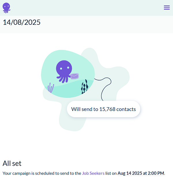 A digital interface displaying a scheduled newsletter campaign for job seekers.