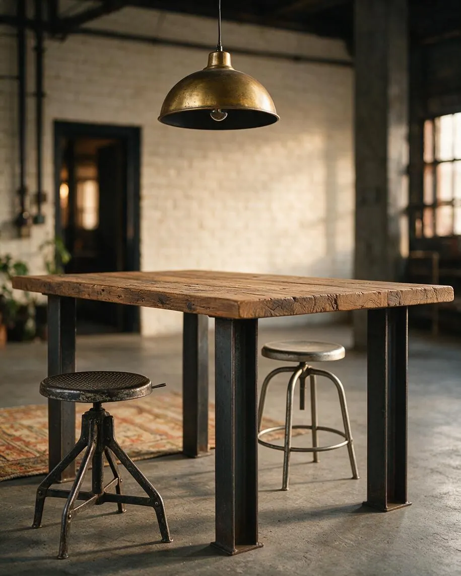A rustic industrial dining area with a thick reclaimed wood table on black metal legs, paired with two metal stools. A domed brass pendant light hangs centered above, casting a warm glow over the concrete floor and muted brick wall backdrop.