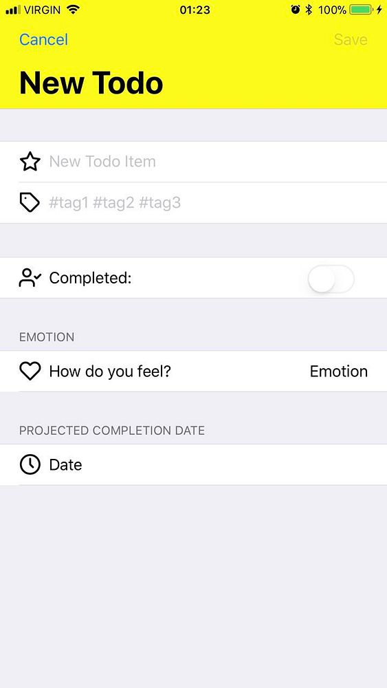 The image shows a mobile app interface for creating a new todo task.