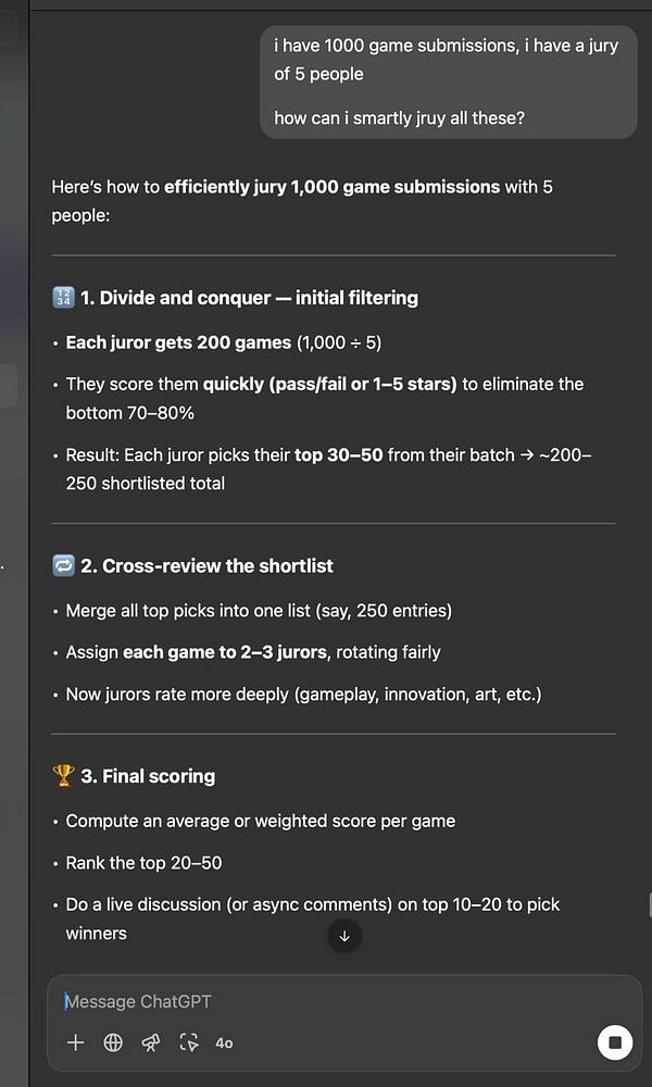 The image displays a chat interface with a detailed guide on how to efficiently jury 1,000 game submissions with a team of five jurors.