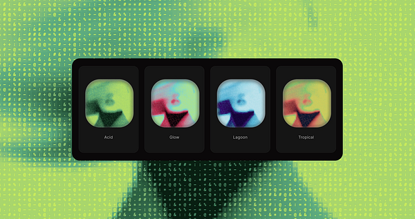 A digital interface displaying four stylized portrait thumbnails with different color palettes named Acid, Glow, Lagoon, and Tropical on a pixelated background.