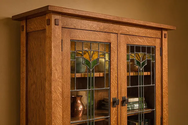 A warm oak Craftsman-style cabinet with a flat overhanging top and two front doors framed in decorative leaded glass. The glass panels feature a geometric floral motif with amber, green, and clear sections, revealing shelves inside with books and small decor objects.