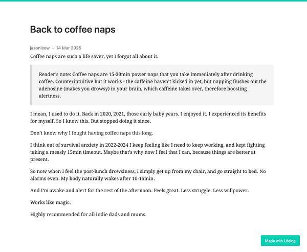 A blog post discussing the benefits of coffee naps and personal experiences with them.